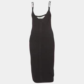 Pre Owned Off-White Black Rib Knit Logo Strap Fitted Short Dress M