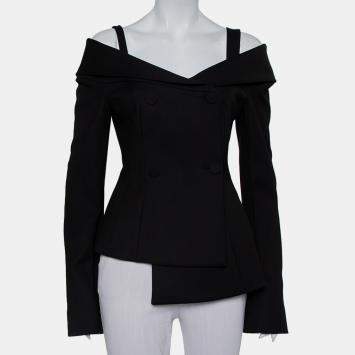 Pre Owned Off-White Black Crepe Off Shoulder Asymmetrical Hem Blazer M