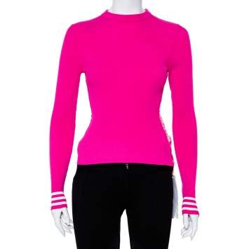Pre Owned Off-White Pink Rib Knit Logo Strip Detail Long Sleeve Industrial Top S