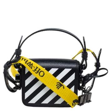 Pre Owned Off-White White/Black Diagonal Striped Leather Baby Flap Crossbody Bag