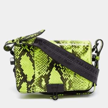 Pre Owned Off-White Green/Black Python Embossed Leather Small Binder Clip Flap Shoulder Bag