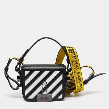 Pre Owned Off-White Black/White Diagonal Striped Leather Baby Flap Crossbody Bag