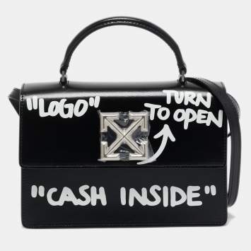 Pre Owned Off-White Black Leather Jitney "Cash Inside" Graffiti Top Handle Bag