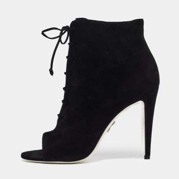 Pre Owned Off-White Black Suede Open Toe Lace Up Ankle Booties Size 39