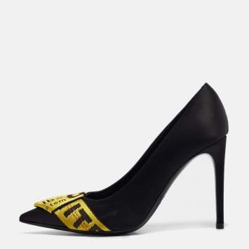 Pre Owned Off-White Black/Yellow Satin and Logo Canvas Commercial Bow Pumps Size 38