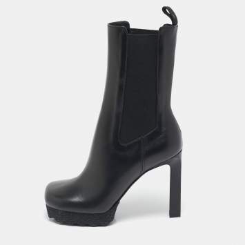 Pre Owned Off-White Black Leather Sponge Chelsea Heeled Ankle Length Boots Size 36