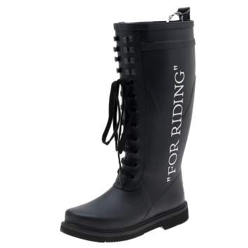 Pre Owned Off-White Black Rubber Quote-Motif Riding Boots Size 38
