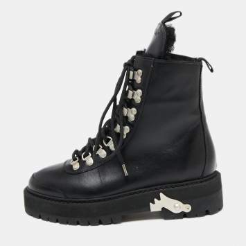 Pre Owned Off-White Black Leather Hiking Ankle Boots Size 38