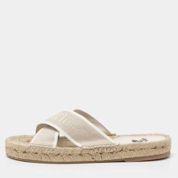 Pre Owned Off-White Beige Logo Embroidered Canvas Crisscross Flat Espadrille Slides Size 38