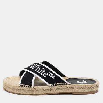 Pre Owned Off-White Black/White Logo Embroidered Canvas Crisscross Flat Espadrille Slides Size 38