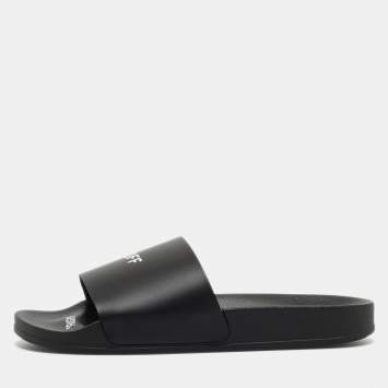 Pre Owned Off-White Black Rubber Logo Slides Size 38