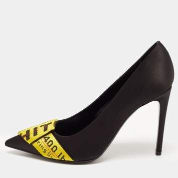 Pre Owned Off-White Black/Yellow Satin and Logo Canvas Pumps Size 40