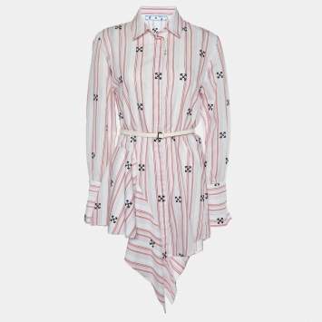 Pre Owned Off-White White Stripe & Embroidered Cotton Blend Shirt Dress S