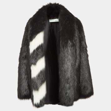 Pre Owned Off-White Black Faux Fur Front Open Overcoat M