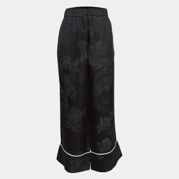 Pre Owned Off-White Seasonal Black Satin Jacquard Wide Leg Trousers M