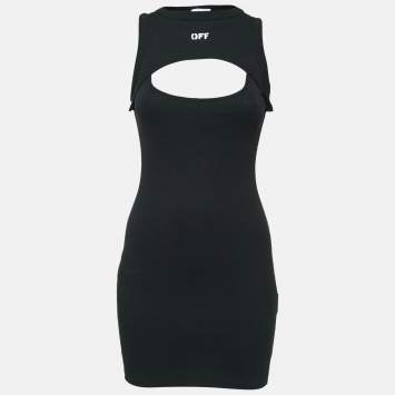 Pre Owned Off-White Black Logo Print Cotton Rib Knit Mini Dress S