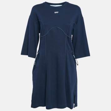 Pre Owned Off-White Navy Blue Cotton Knit Adjustable Waist Short Dress M