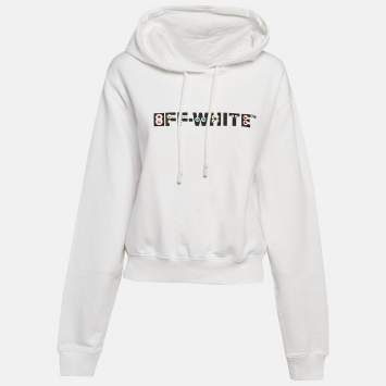 Pre Owned Off-White White Logo Embellished Cotton Hoodie M