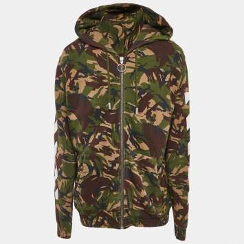 Pre Owned Off-White Green Camouflage Print Cotton Knit Hooded Zip-Up Jacket XL