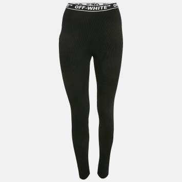 Off-White Black Logo Waistband Stripe Textured Jersey Leggings S