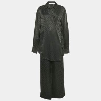 Pre Owned Off-White Black Logo Jacquard Satin Blouse and Pants Set L