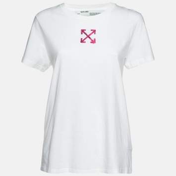 Pre Owned Off-White White/Pink Arrow Print Jersey Crewneck T-Shirt M 