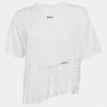 Pre Owned Off-White White Cotton Asymmetric Fishnet Hem T-Shirt S