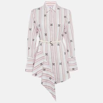Pre Owned Off-White White Logo Embroidery Stripe Cotton Asymmetric Tunic Shirt Dress S
