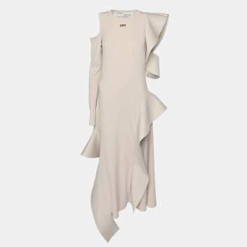 Pre Owned Off-White Cream Rib Knit Cut Out Sleeve Ruffle Detail Dress M
