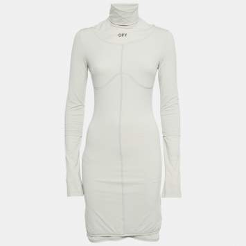 Pre Owned Off-White Grey Off Print Jersey Turtle Neck Bodycon Dress M