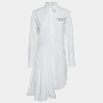 Pre Owned Off-White White Embroidered Cotton Pleated Mini Shirt Dress XS