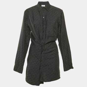 Off-White Black Logo Jacquard Cotton & Silk Asymmetric Shirt Dress M