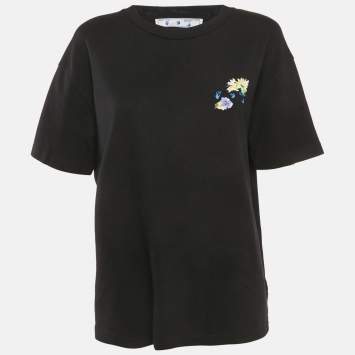Pre Owned Off-White Black Floral Logo Print Cotton Crew Neck T-Shirt L