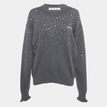 Pre Owned Off-White Grey Rib Knit Rhinestone Sweater S