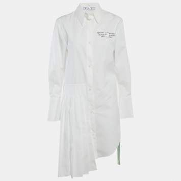 Pre Owned Off-White White Cotton Asymmetric Pleated Long-Sleeved Shirt Dress S