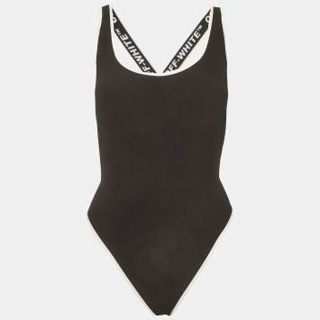 Pre Owned Off-White Monochrome Nylon Blend Contrasting Trim Detail Swimsuit L 