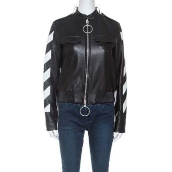 Pre Owned Off White Black Leather Contrast Detail Zip Front Jacket S