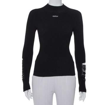 مملوكة مسبقًا Off-White Black Knit Frayed Sleeve Detail High Neck Jumper XS