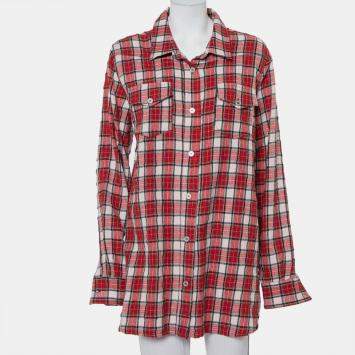 Pre Owned Off-White Red Checkered Wool & Cotton Button Front Oversized Long Shirt M