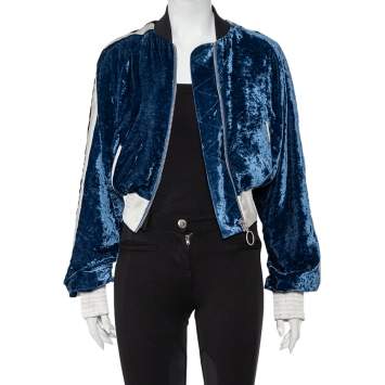 Pre Owned Off-White Navy Blue Velvet  & Satin Trim Zip Front Bomber Jacket S 