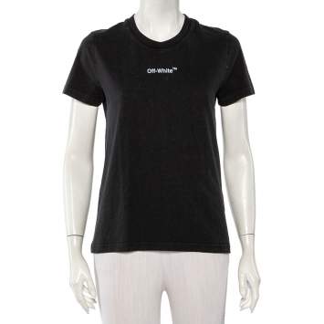 Pre Owned Off-White Black Cotton Logo Printed & Embroidered T-Shirt XS