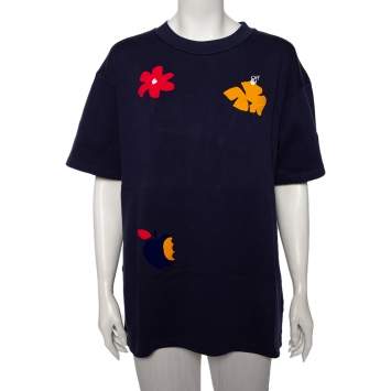 Pre Owned Off-White Navy Blue Flocked Cotton Knit Oversized Crewneck T-Shirt M