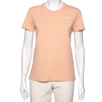 Pre Owned Off-White Peach Cotton Logo Printed Crewneck T-Shirt S