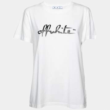 Pre Owned Off-White White Logo Printed Cotton Short Sleeve T-Shirt L