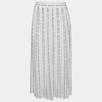 Pre Owned Off-White White Pinstripe Logo Printed Chiffon Pleated Culottes M