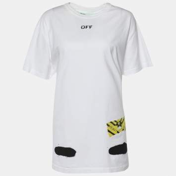 Pre Owned Off-White White Cotton Printed Crew Neck Oversized T-shirt M