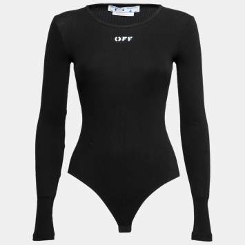 Pre Owned Off-White Black Printed Rib Knit Long Sleeve Bodysuit XS