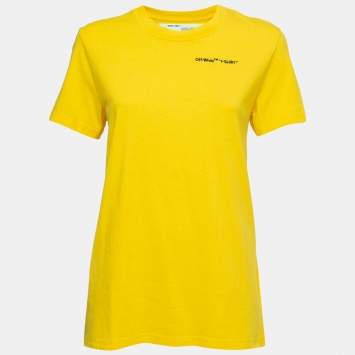 Pre Owned Off-White Yellow Cotton Logo Embroidered Crewneck T-Shirt S