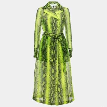 Pre Owned Off-White Green Python Print Tulle Button Front Belted Coat S