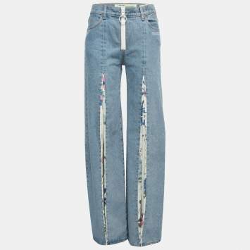Pre Owned Off-White Blue Denim Floral Panel Flared Jeans M Waist 28"